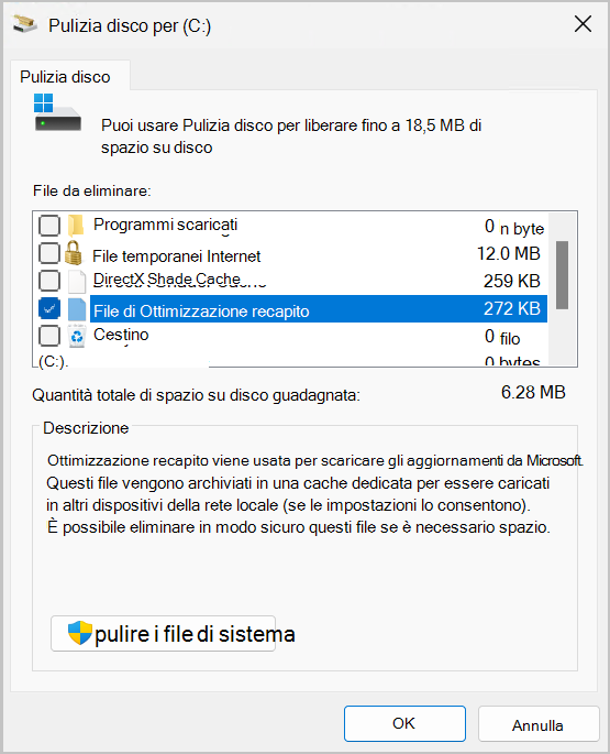 Screenshot dell'utilità Pulizia disco che mostra l'opzione per Ottimizzazione recapito Files selezionata.
