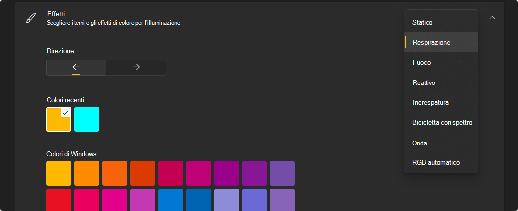 Screenshot degli effetti disponibili per l'illuminazione dinamica.