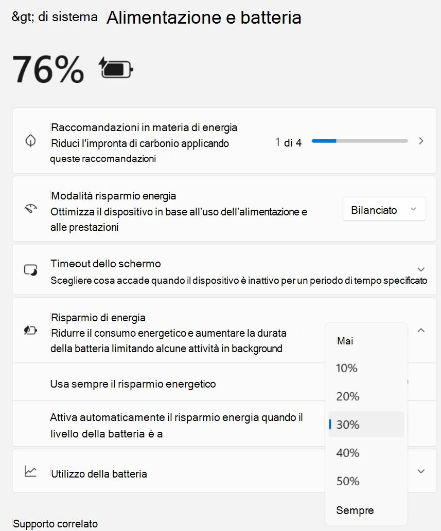 Screenshot di Impostazioni > di risparmio energia nel sistema > e nella batteria >