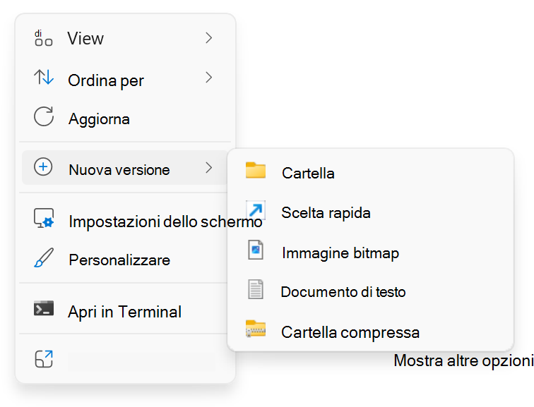 Screenshot del pulsante destro del mouse su > Nuovo.