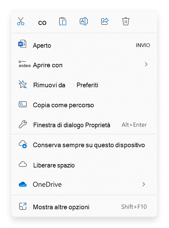 Selezionare i comandi per i file o le cartelle nel Esplora file menu di scelta rapida.