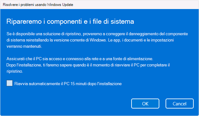 Screenshot dell'opzione di reinstallazione Windows Update.