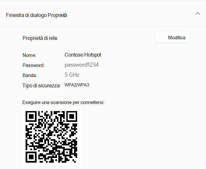 Screenshot di un codice QR usato per connettersi a un dispositivo Windows che funge da hotspot.