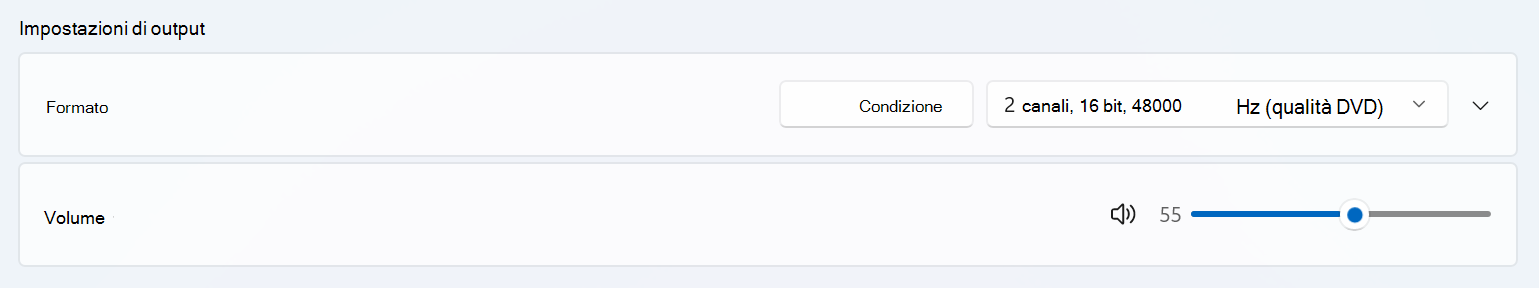 Sezione Impostazioni di output di Proprietà audio > di sistema > per un dispositivo Audio Bluetooth LE