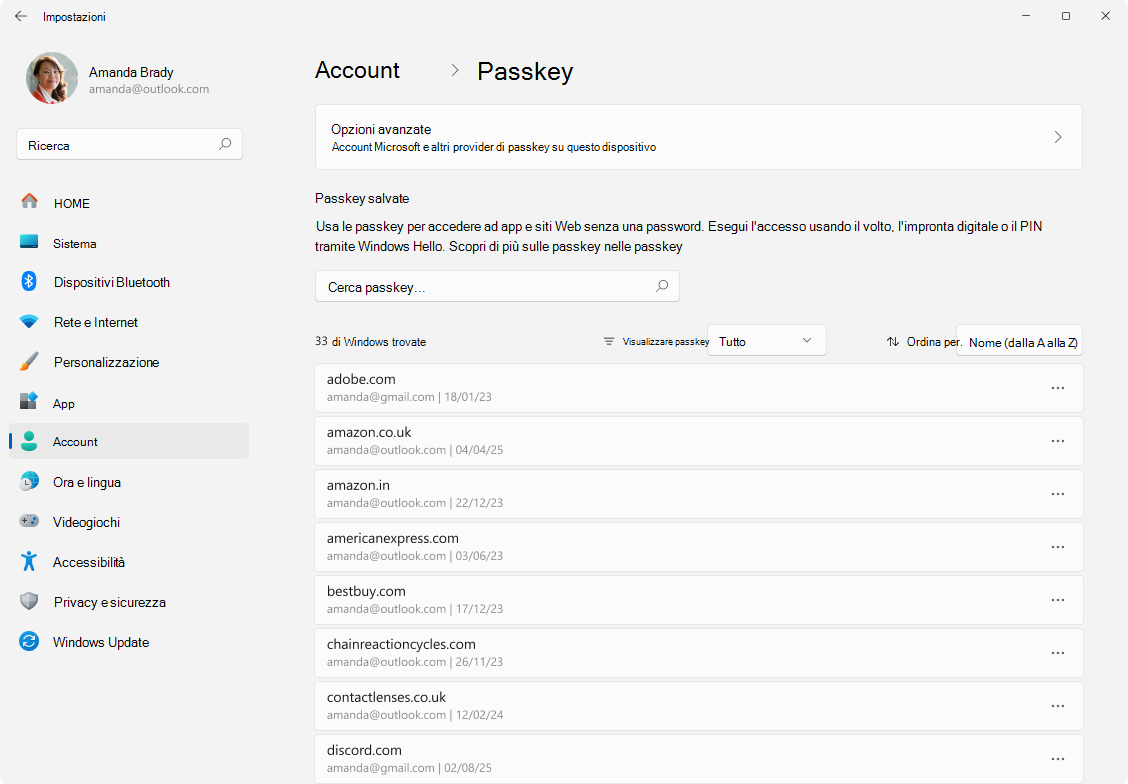 Screenshot delle passkey delle impostazioni > .