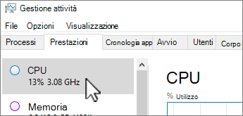 Scheda Prestazioni e informazioni sulla CPU.