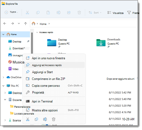 Mostra Esplora file, con il menu di scelta rapida aperto per un file. Aggiungi ad Accesso rapido è evidenziato nel menu.