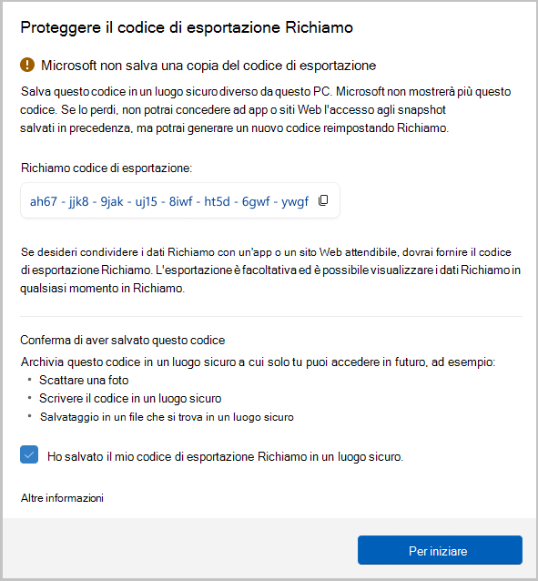 Screenshot del codice di esportazione per il richiamo