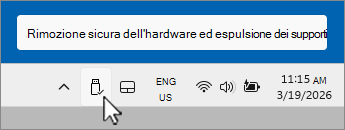 Screenshot dell'icona Rimozione sicura del dispositivo USB nella barra delle notifiche.