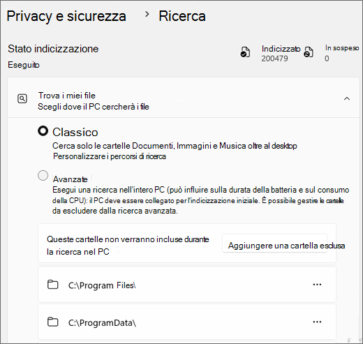 Screenshot che mostra le impostazioni di Windows Search.