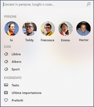 Screenshot della casella di ricerca nell'app Foto.
