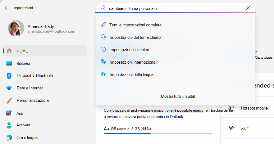 Screenshot di una ricerca nelle impostazioni.