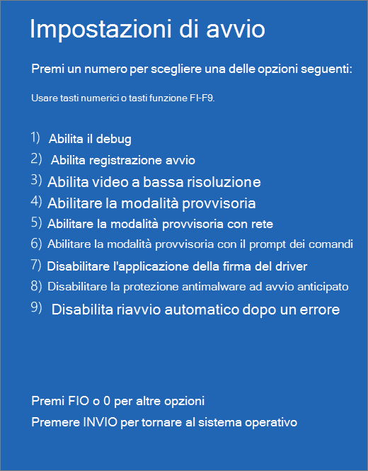 Screenshot dell'elenco delle impostazioni di avvio.