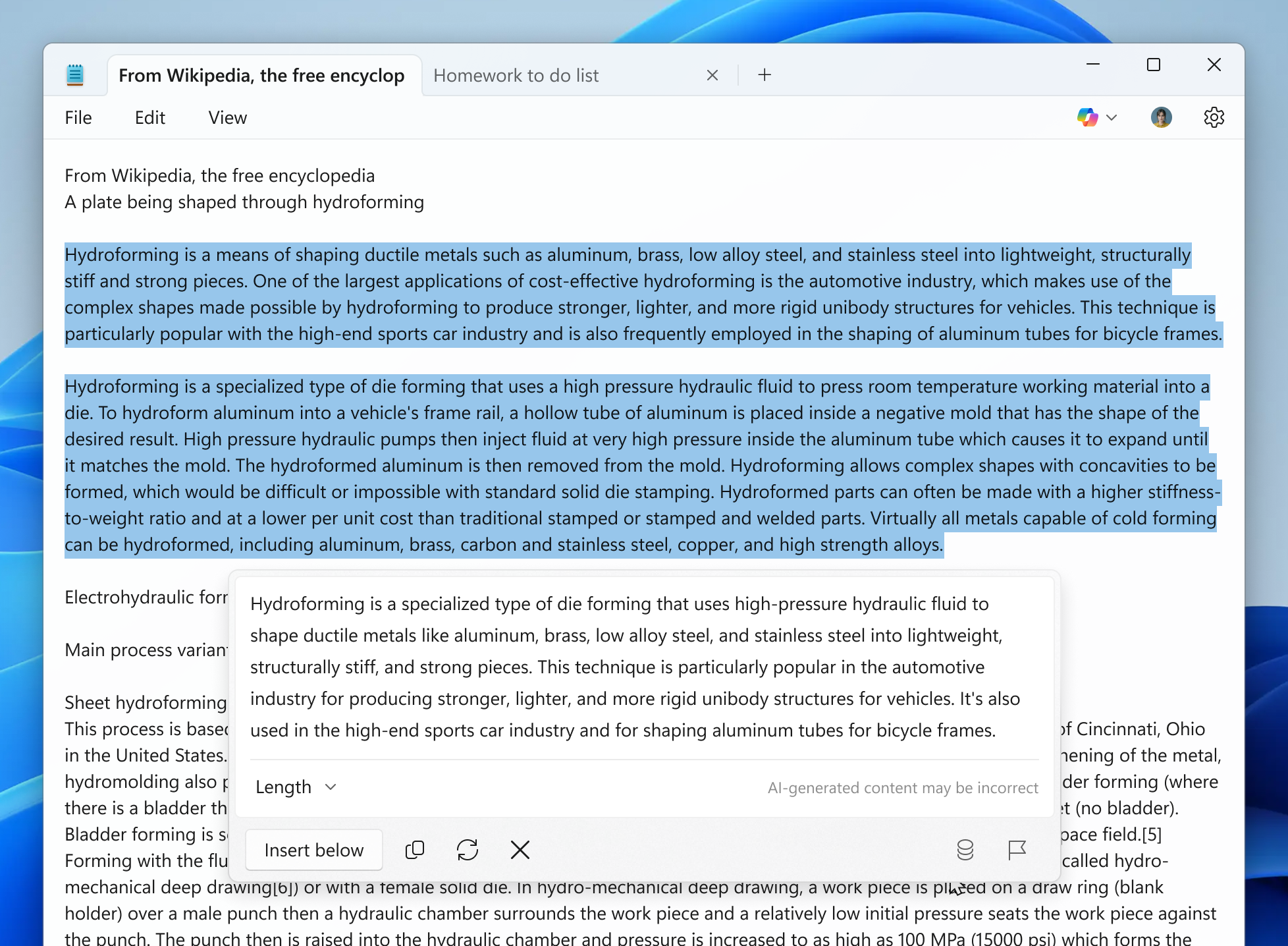 Screenshot che mostra il testo riepilogato nel Blocco note