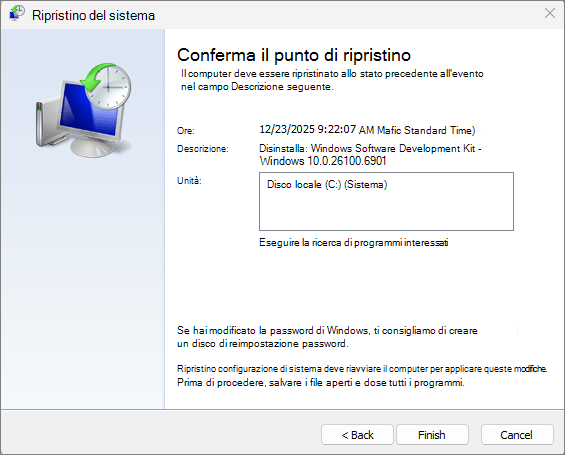Screenshot di Ripristino configurazione di sistema.