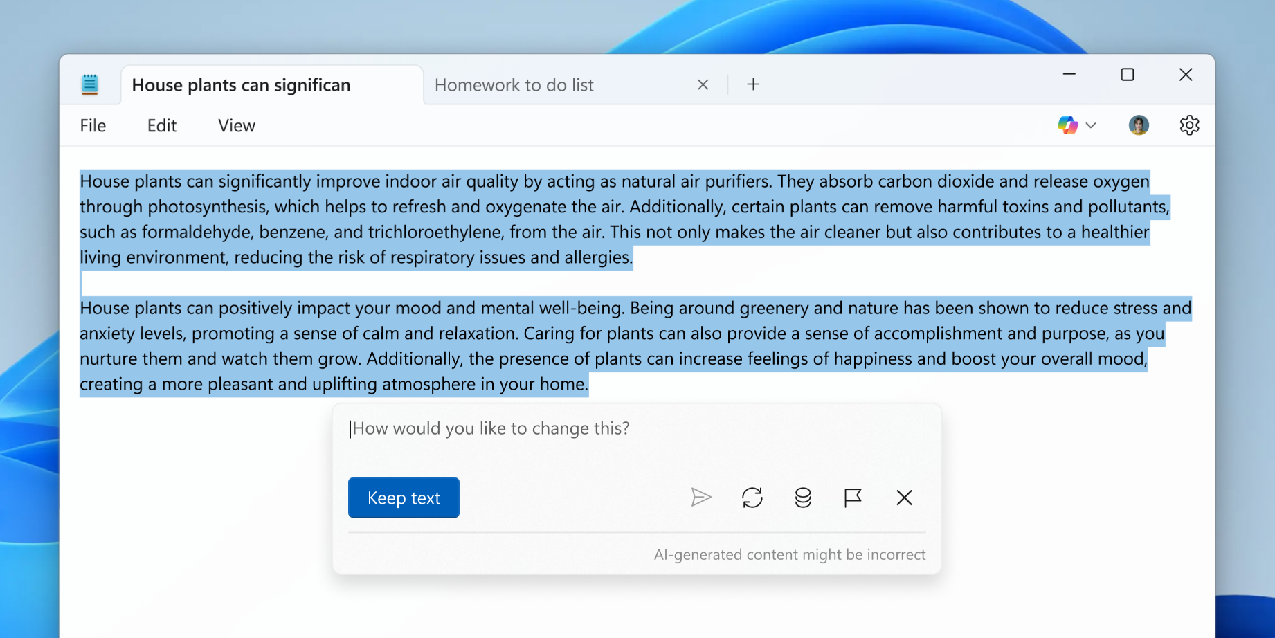 Screenshot del Blocco note con le opzioni di scrittura