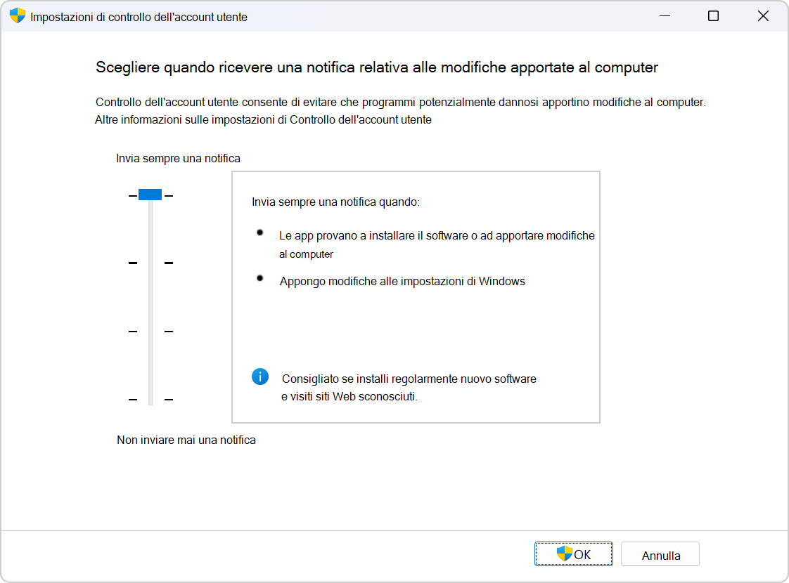 Screenshot of the settings to configure UAC.