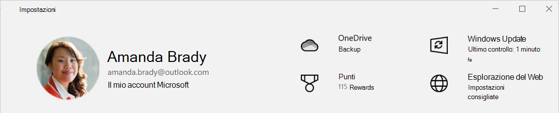 Screenshot di Impostazioni che mostra lo stato di backup di OneDrive.