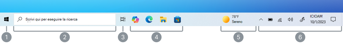 Screenshot della barra delle applicazioni Windows 10 con un'etichetta per ogni sezione.