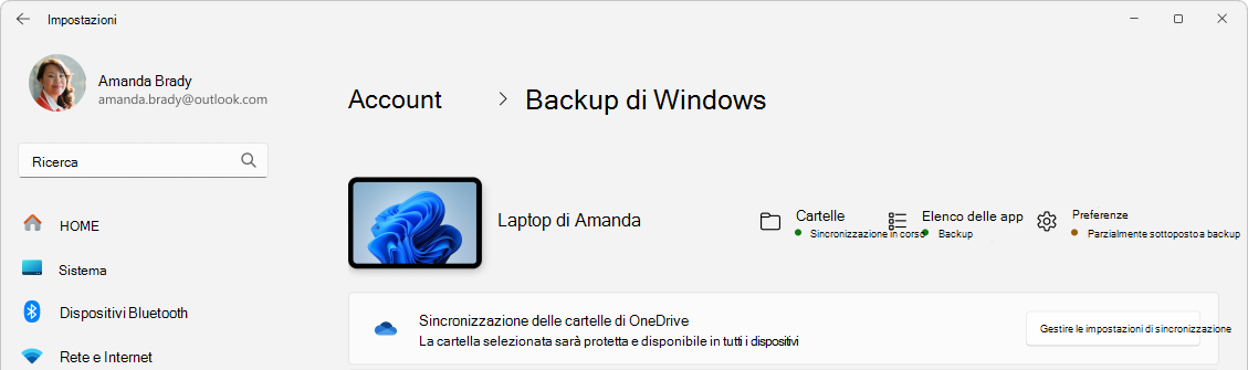 Screenshot di Impostazioni che mostra lo stato di backup di Windows.