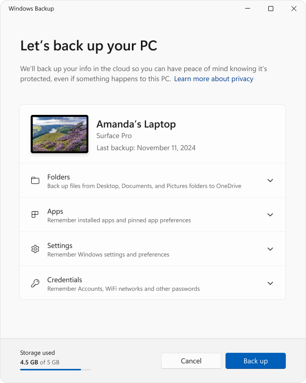 Screenshot dell'app Windows Backup in Windows 11.