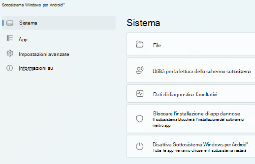 Mostra la pagina principale per Sottosistema Windows per Android (TM).