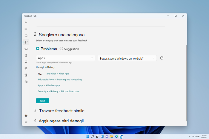 Screenshot della finestra Hub di Feedback con l'opzione App selezionata come categoria, quindi Sottosistema Windows per Android selezionata come sottocategoria.