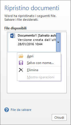 Riquadro Ripristino documenti