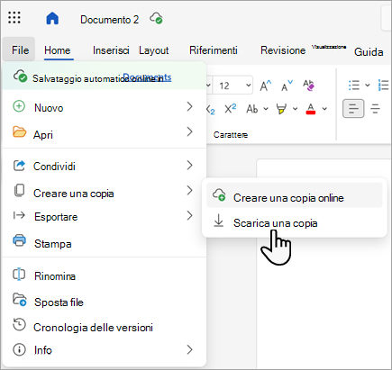 Screenshot che mostra il comando Scarica una copia in Word per il Web.