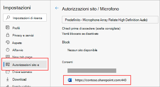 Pagina delle impostazioni delle autorizzazioni del microfono per Microsoft Edge