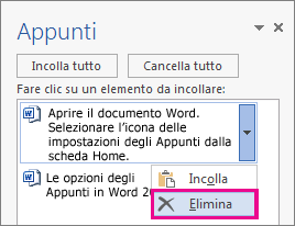Eliminare un elemento dagli appunti di Word 2013