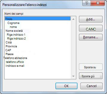 Finestra di dialogo Personalizza elenco indirizzi