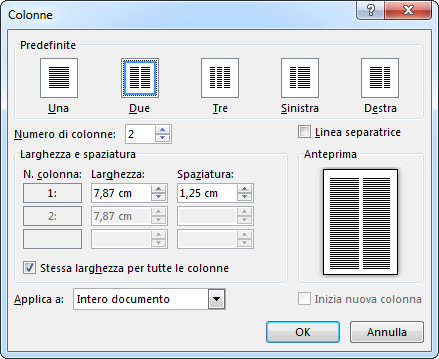 Finestra di dialogo Colonne