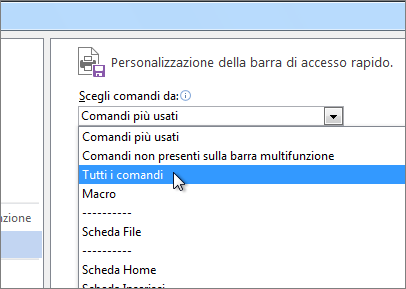 Scelta dei comandi per la personalizzazione della barra di accesso rapido