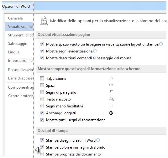 La casella di controllo Stampa colori e immagini di sfondo nella finestra di dialogo Opzioni di Word