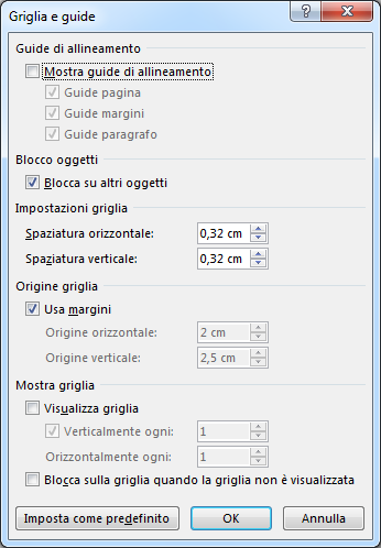 Finestra di dialogo Griglia e guide di Word