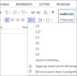 Screenshot della scheda Home in Word, con il menu Spaziatura paragrafo e interlinea visualizzato.