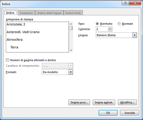 Finestra di dialogo Indice