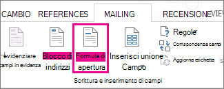 Screenshot della scheda Lettere di Word, con il comando Formula di apertura evidenziato.
