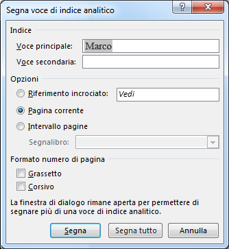 Finestra di dialogo Segna voce di indice analitico