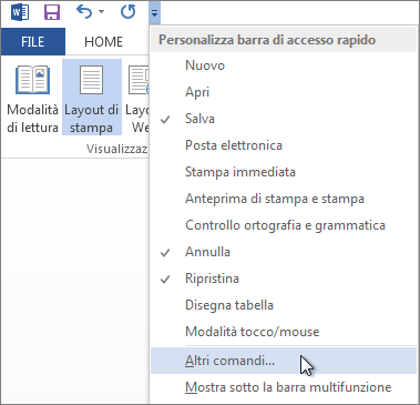 Menu della barra di accesso rapido