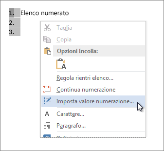 Imposta valore numerazione nel menu di scelta rapida