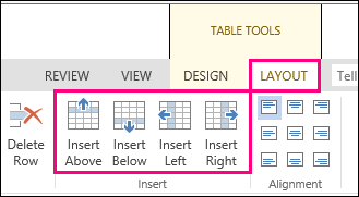 Immagine delle opzioni di layout per l'aggiunta di righe e colonne nelle tabelle