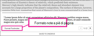 Pulsante Formato note a piè di pagina nell'area di modifica piè di pagina di Word Online