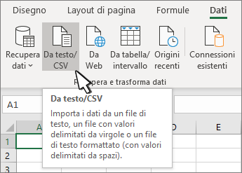 Selezione di Testo/CSV dalla scheda Dati
