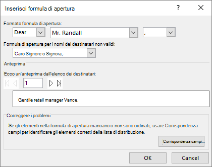 Finestra di dialogo Formula di apertura