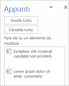 Mostra il riquadro attività Appunti con il contenuto copiato