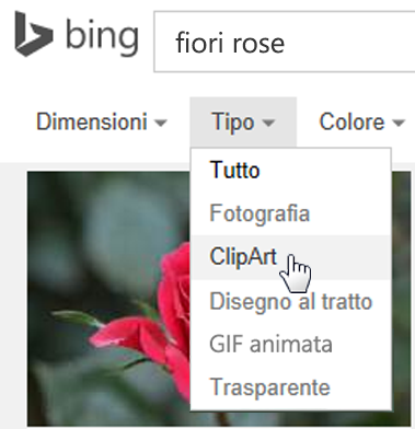 Selezionare il filtro Tipo e scegliere ClipArt