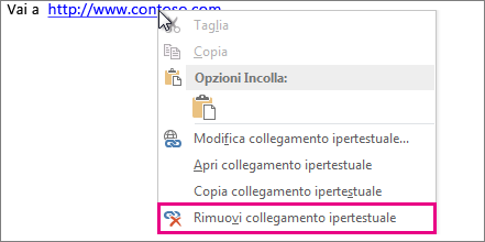 Menu di scelta rapida, Rimuovi collegamento ipertestuale
