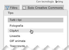 Aprire il filtro, quindi in Tipo scegliere Clipart